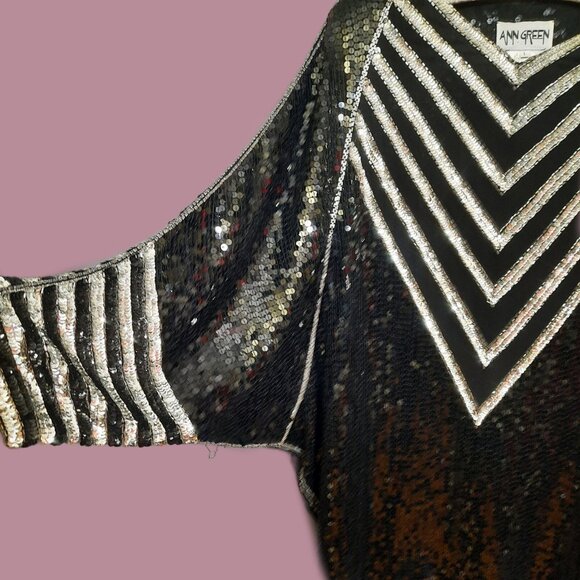 Vintage 80s Ann Green Art Deco Silk Sequined Top Pants Set Black Silver Womens L - Picture 4 of 10
